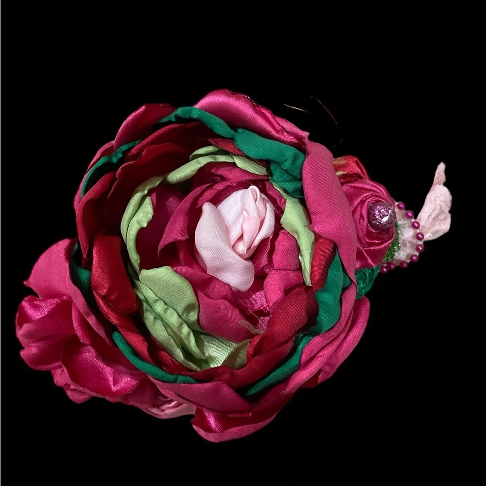 Oversized satin hair bow flower headband satin feather pearl & lace pink green